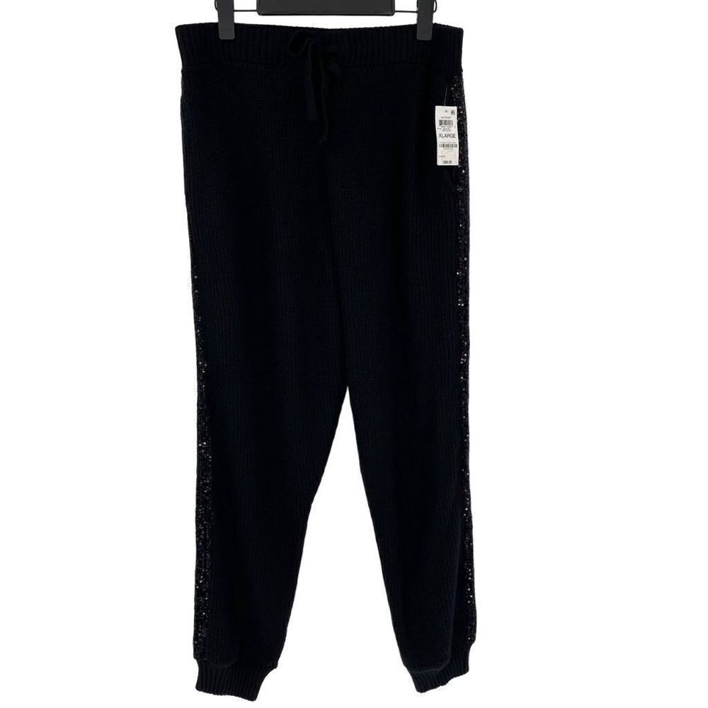 INC International Concepts Sequined Knit Jogger Pants Women XL Deep Black NWT